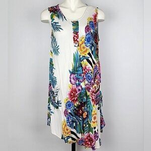 Papa Vancouver White Multi Floral Sleeveless Round Neck Asymetrical Dress Small